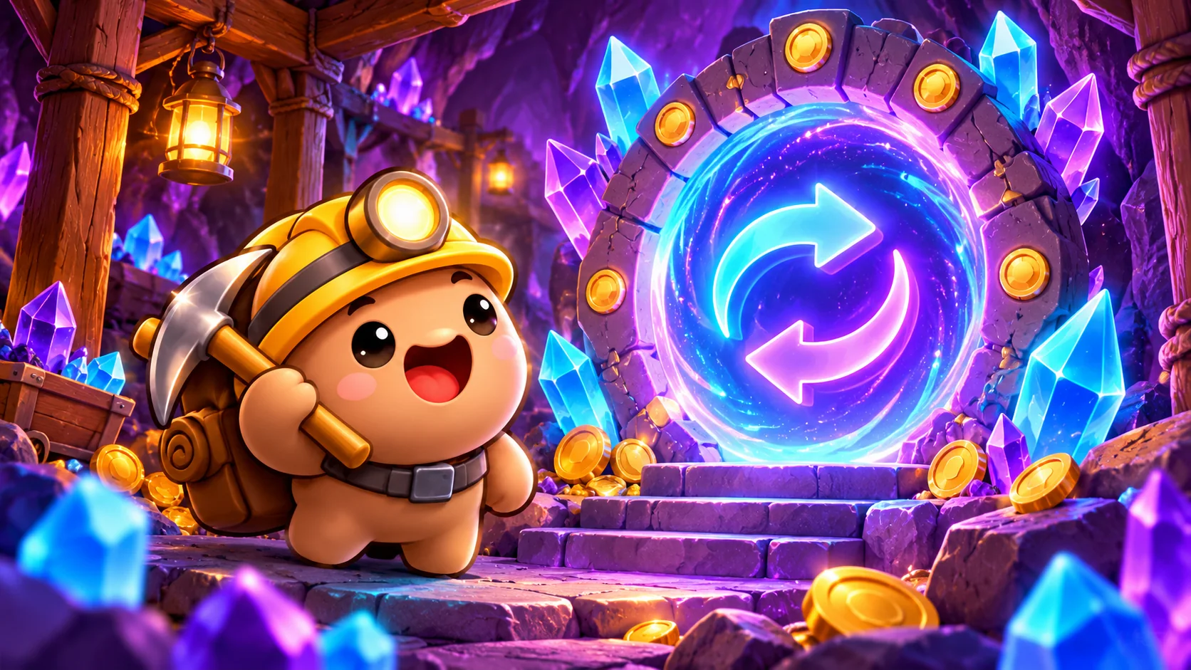 DIGGO miner approaching a glowing crystal exchange portal