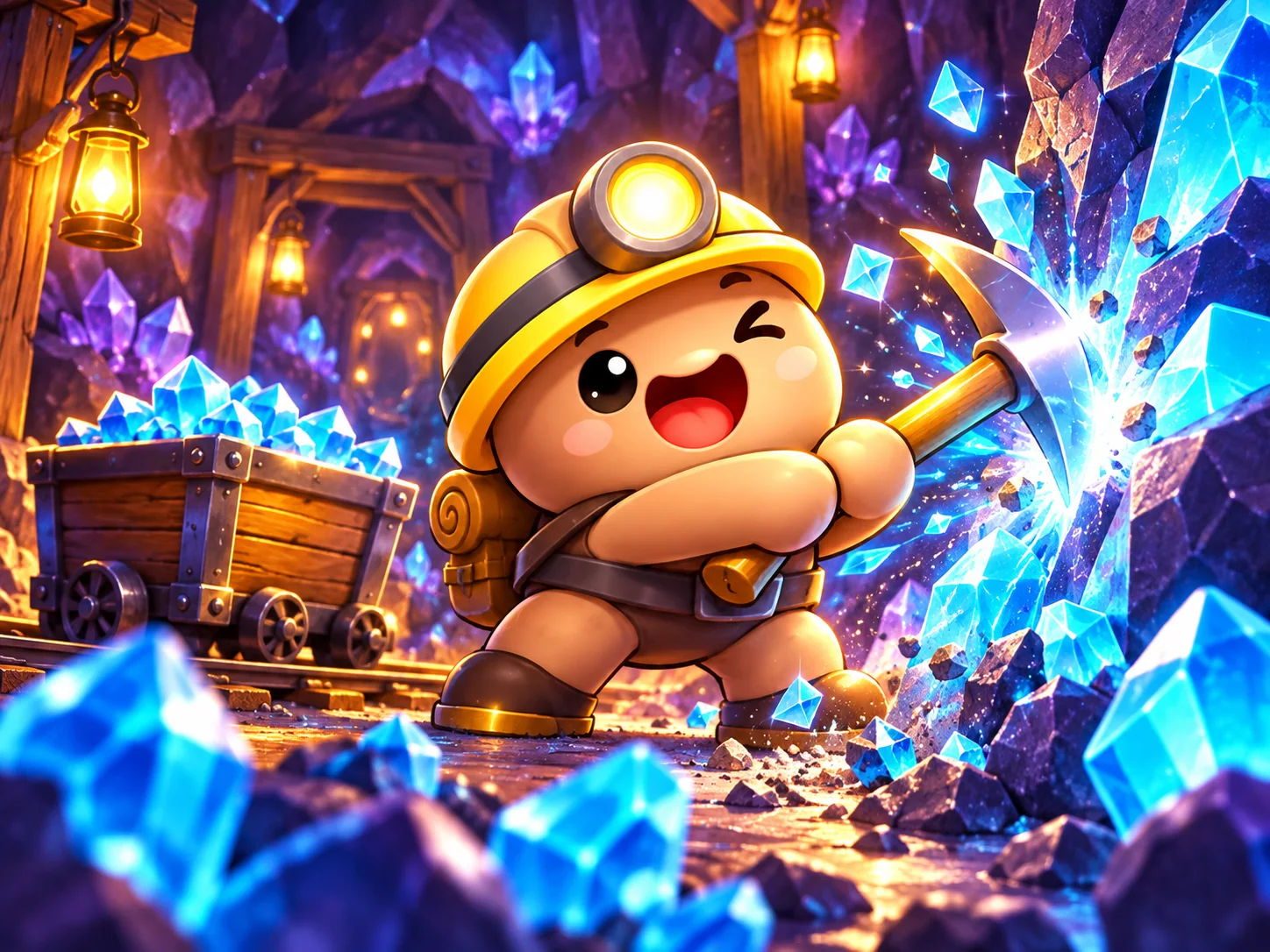 DIGGO miner discovering a glowing crystal vein